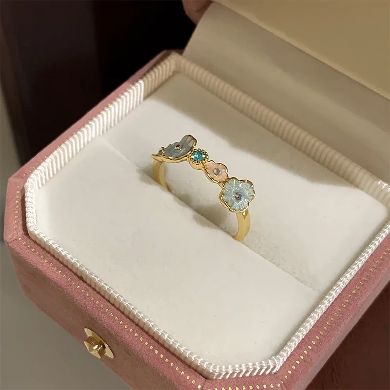 PANJBJ 925 Sterling Silver Golden Flower Rings For Women Drip Glaze Plant Irregular Adjustable Sweet Jewelry Gift Dropshipping - view 5