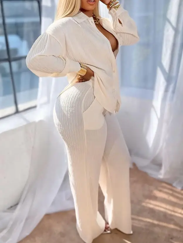 

Two Piece Set Women Outfit Turn-Down Collar Button Front Textured Asymmetrical Hem Top & Drawstring Casual Wide Leg Pants Set