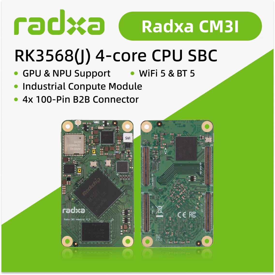 Radxa CM3I RK3568(J) 4-core CPU Industrial Compute Module, GPU, NPU, 4K HDMI and 4x100-Pin B2B Connector, Single Board Computer