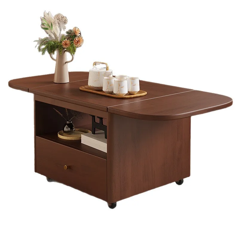 Coffee table living room household mobile folding small apartment solid wood lifting sand multi-functional tea table cart
