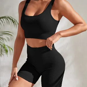 Yoga sets without ribs for women, training sets, gymnastics, high -waisted shorts, fitness clothes, running, 2 pieces 8 Main Sales Gym clothes - №6