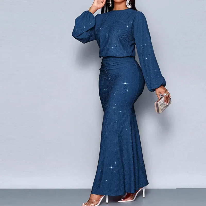 Elegant O-neck Long Sleeve Fishtail Dress Women Fashion Hight Waist Draped Long Dress Casual Shiny Sequins Solid Party Dresses
