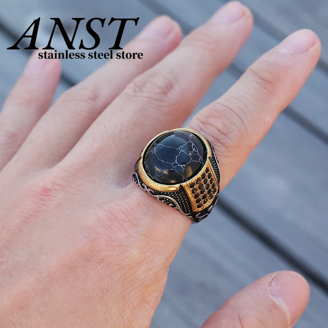 Wedding couple Gift Gothic Punk Rings For Men Round Black Stone Rings With Gold Colour Chunky Boys Teens Rock Jewelry Rings AliExpress