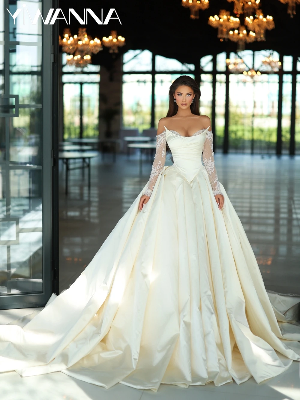 

Ivory Satin Long With Corset Wedding Dress Charming Off Shoulder Lace Bidal Gown Customized Graceful Dresses For Bride