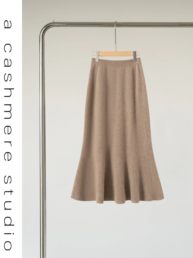 

Women's Autumn Winter Cashmere Mermaid Skirt Sequined Decoration Elastic Waist 100% Cashmere Knitted Chic Soft Office Lady Dress