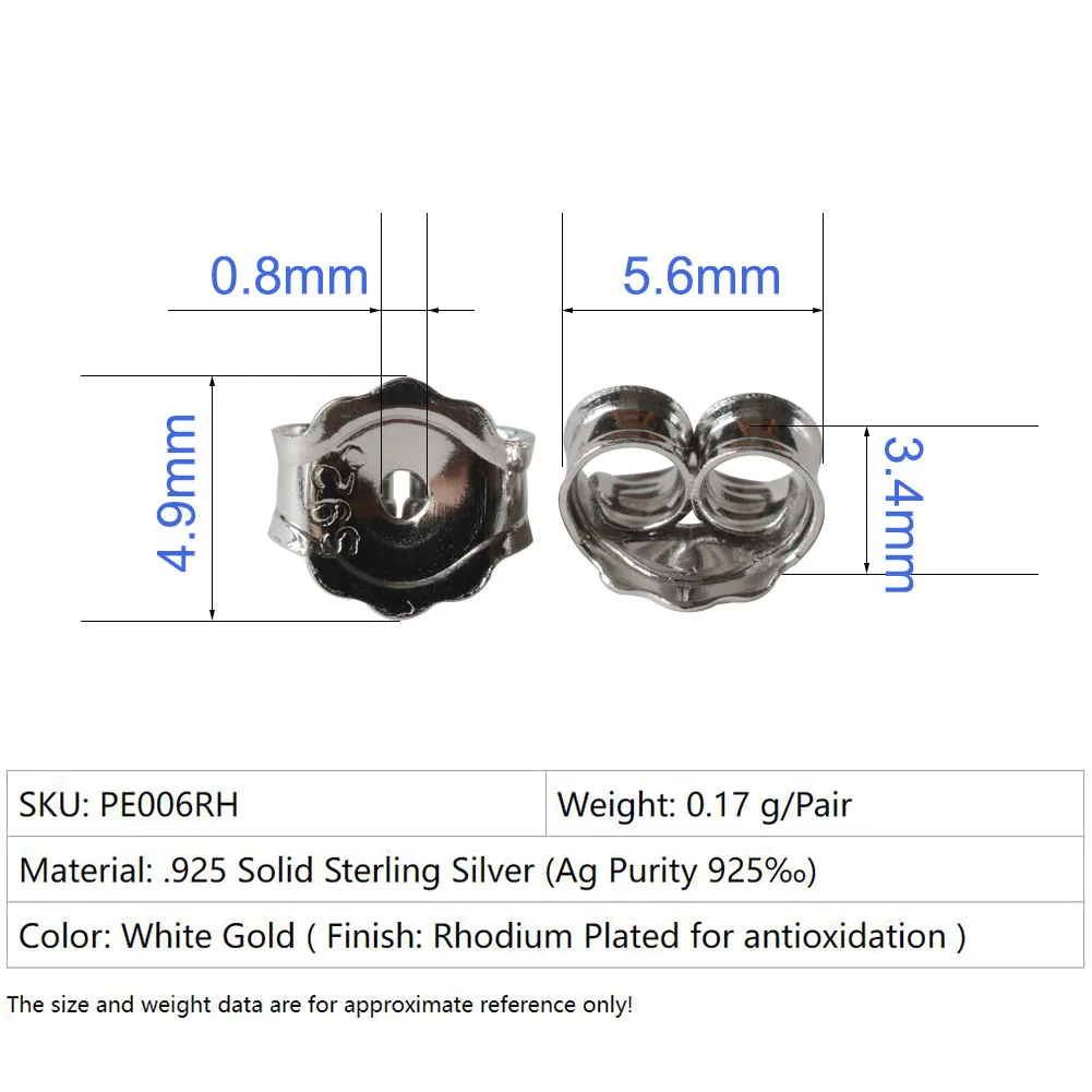 earnut,5.6mm solid 925 sterling silver earring backs  friction butterfly back stopper plug ,1pair