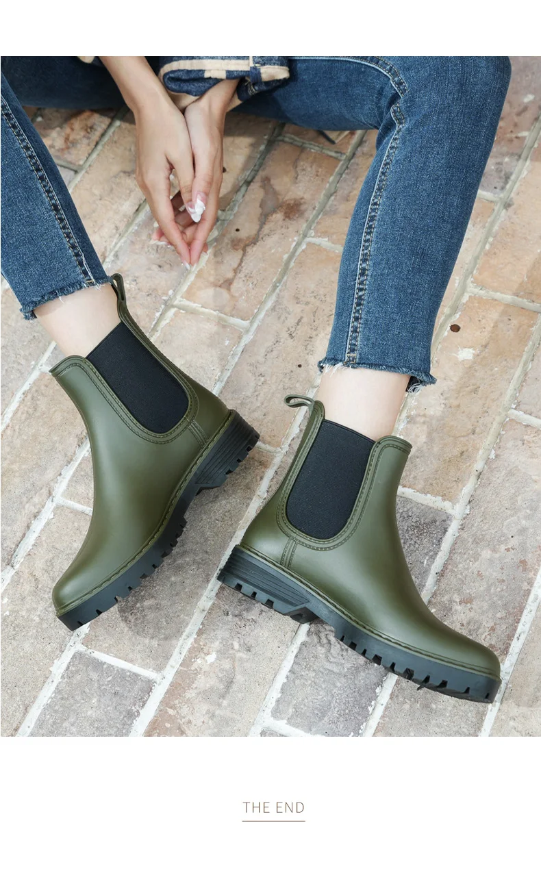 Modische Damen Kurze Rutschfeste Regenstiefel Chelsea Wasserdichte Schuhe Einfarbige Vielseitige Wasserstiefel für Frauen – Detail 15