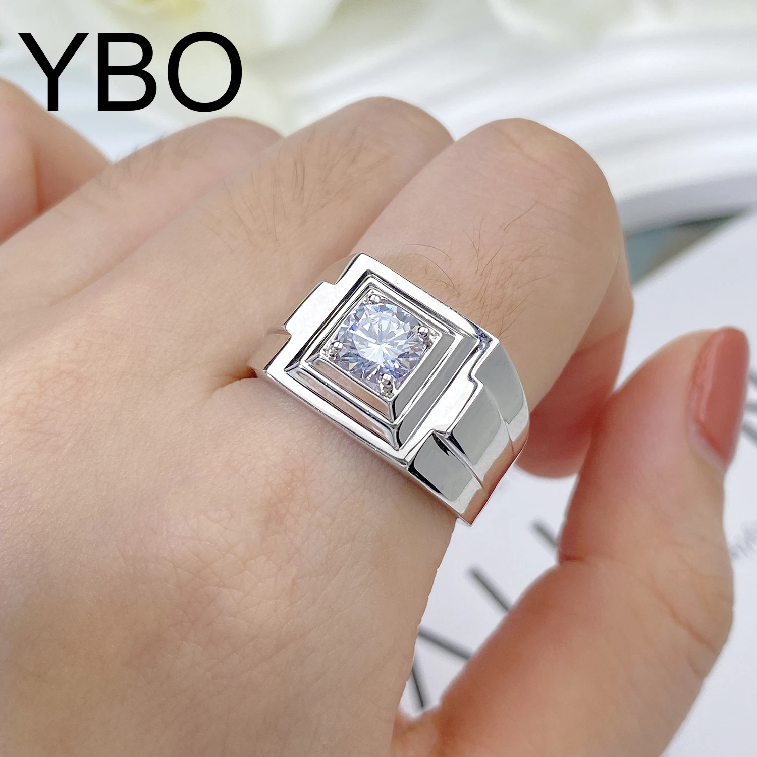 

YBO VVS Moissanite Men's Engagement Ring Gemstone Diamond cz 925 Sterling Silver Fine Jewelry Wedding Party Hip Hop Finger Rings