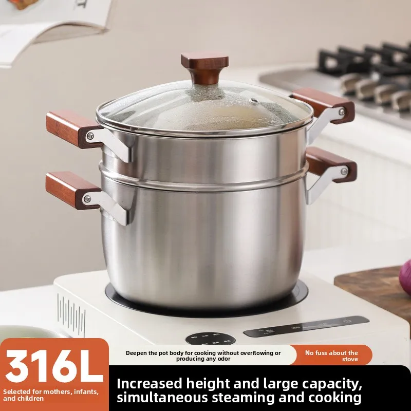 316L Stainless Steel Steamer Pot with Multi-Tier Baskets and Tempered Glass Lid, Compatible with Induction & Gas, for Home