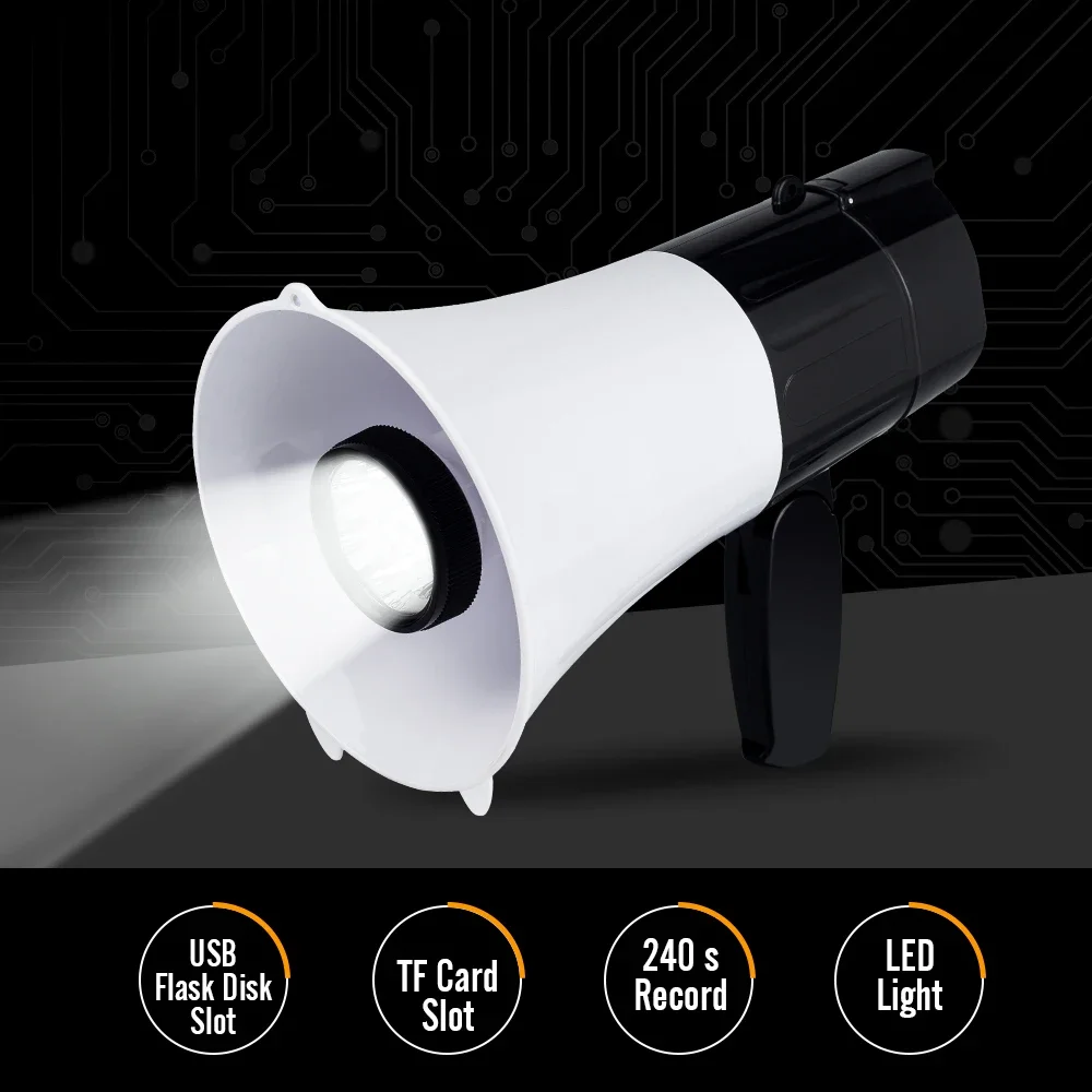 Handheld 30W Lightweight Compact Megaphone Bullhorn with LED Lights and Siren Black Sliver