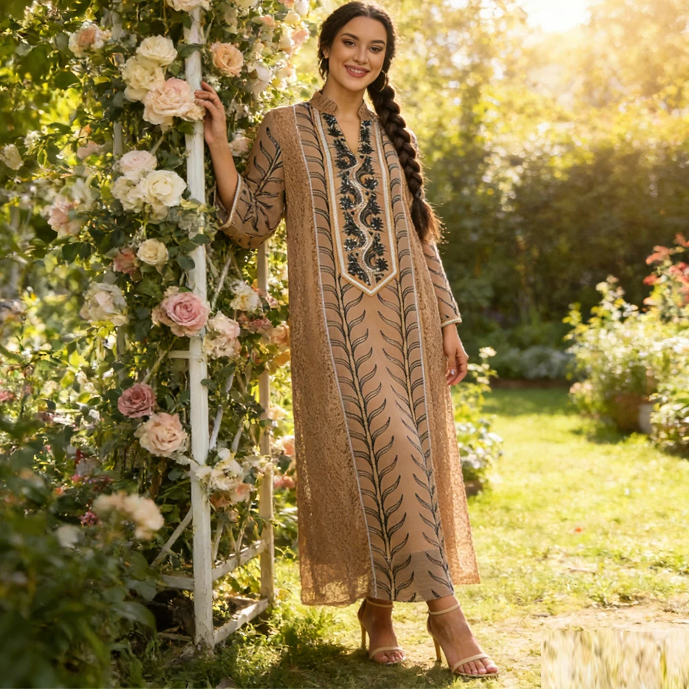 

Women Mesh Sequins Dress Elegant Abaya Eid Party Embroidery Dresses Muslim Jalabiya Vestidos Largos Robe Dubai Kaftan Djellaba