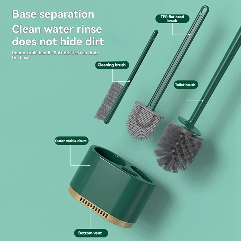 ABGR-ชุดแปรงห้องน้ําซิลิโคน 4-In-1 สีเขียว, แปรงห้องน้ําซิลิโคนไม่มีมุมตายทําความสะอาดสิ่งประดิษฐ์ชุดล้างห้องน้ํา