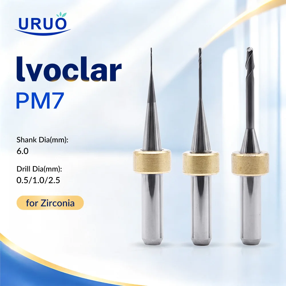 Milling Burs for Ivoclar PM7 Zirconia Grinding Tools D6 Grinding Drills 2.5/1.0/0.5mm for Dental Lab CAD CAM Cutting Drills
