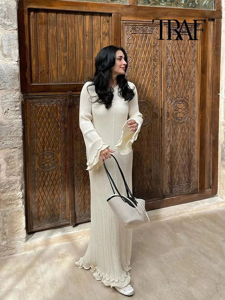 TRAF Women Fashion Ruffle Hem Knit White Long Dress Elegant Flared Long Sleeve Backless Tie Dress Casual Evening Party Cheongsam