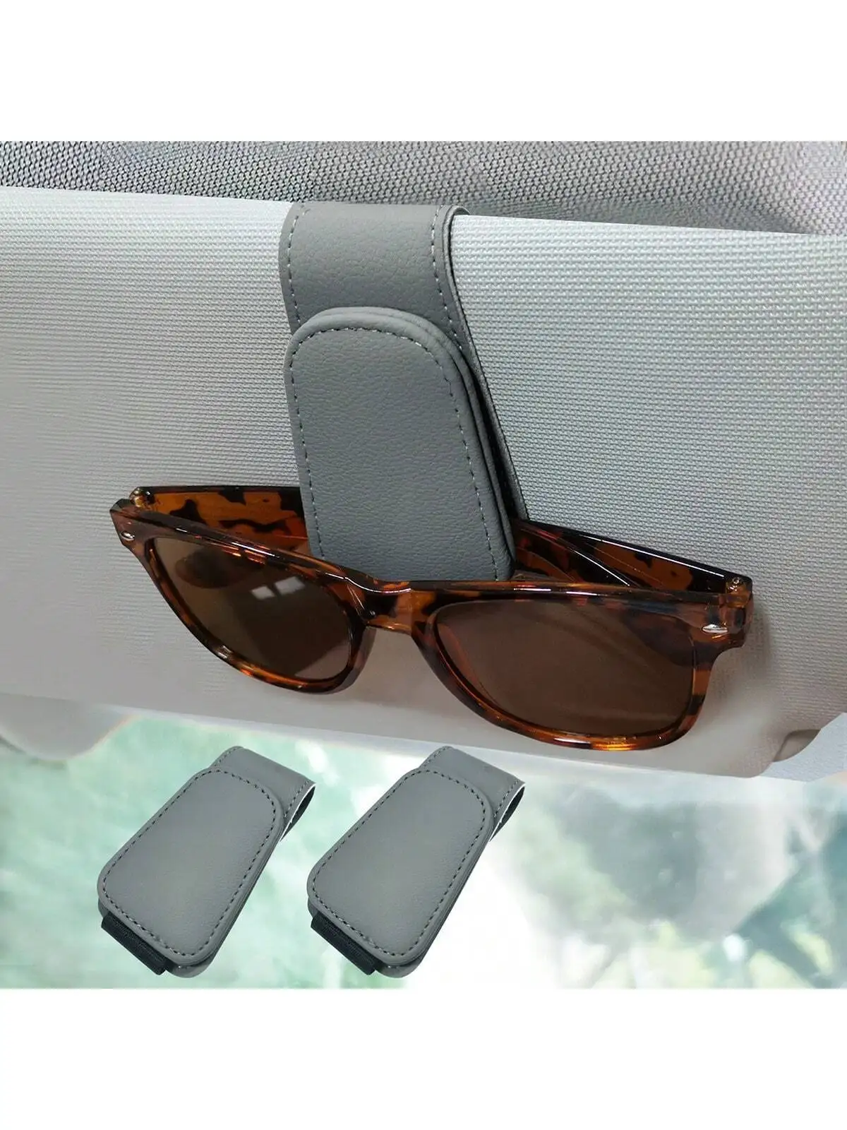 Leather Sunglass Holder for car, Eyeglass Hanger Clip for Car Sun Visor, Ticket Card Clip Eyeglasses Mount, Suitable for Differe