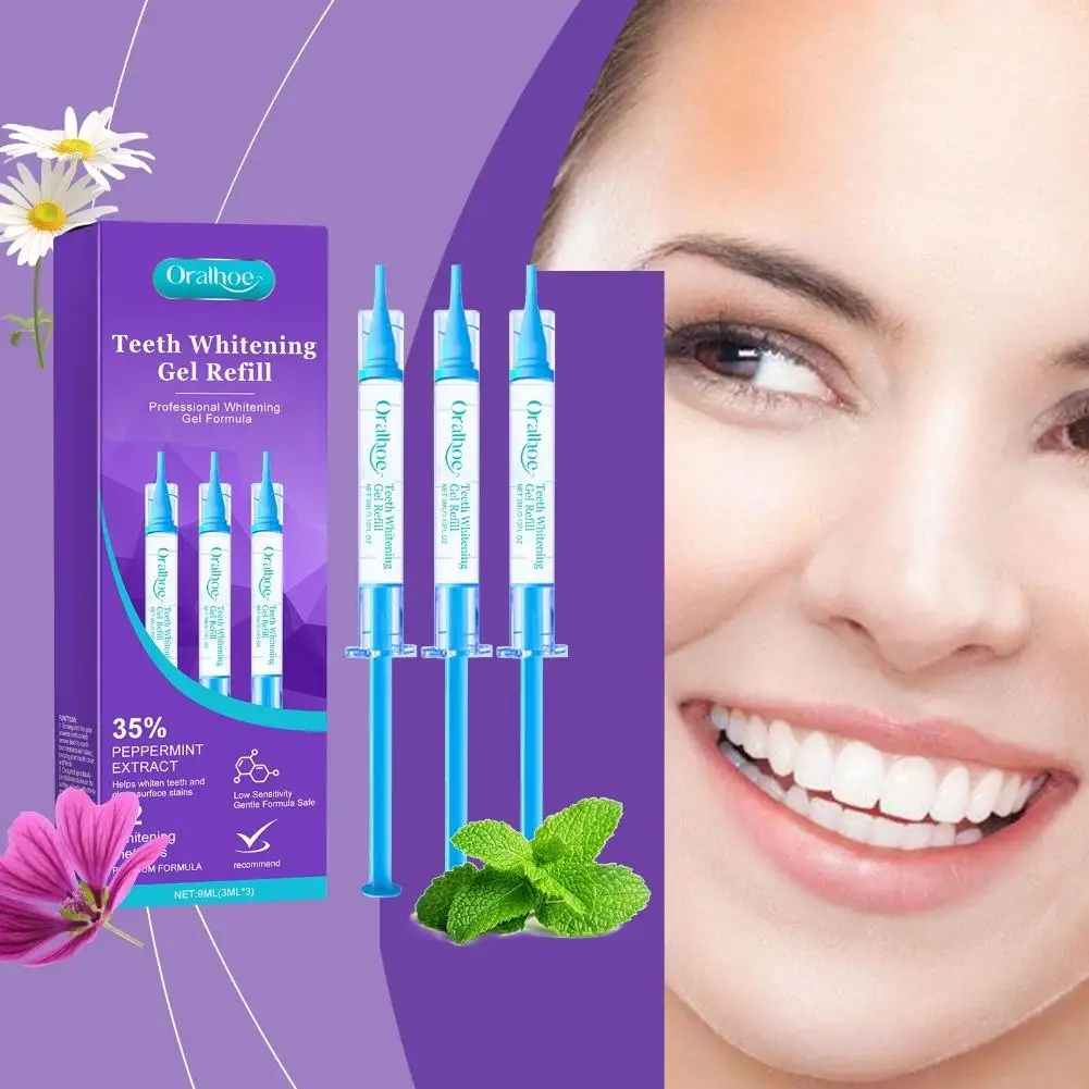3Pcs Teeth Whitening Gel Refill Syringes 35% Peppermint Extract Low Sensitivity Remove Stains Professional Dental Whitening Gel