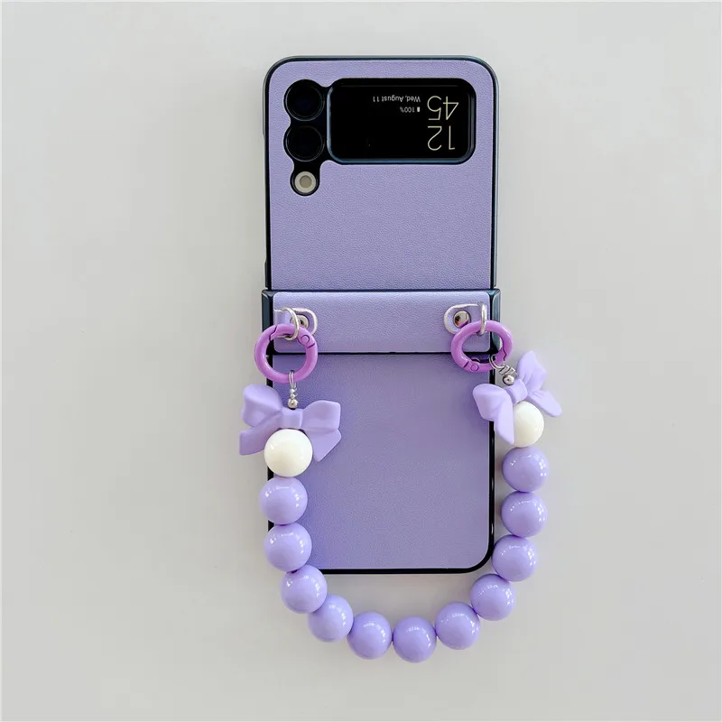 Cute Colorful Bow Pearl Shell Hand Ring Strap PU Leather Anti-fall Phone Case for Samsung Galaxy Z Flip 3 5G Z Flip 4 Z Flip3 Z4