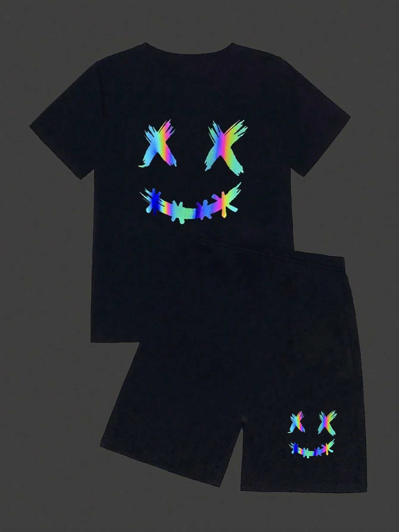 Summer black trendy printed round neck short sleeved T-shirt top+elastic waist printed wide leg shorts children's clothing set