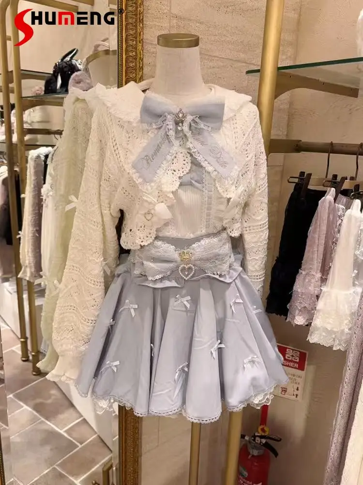 Japanse mijn stijl zoete schattige kant boog lange mouw matrozenkraag korte gebreide vest hoge taille A-lijn rok set vrouwen