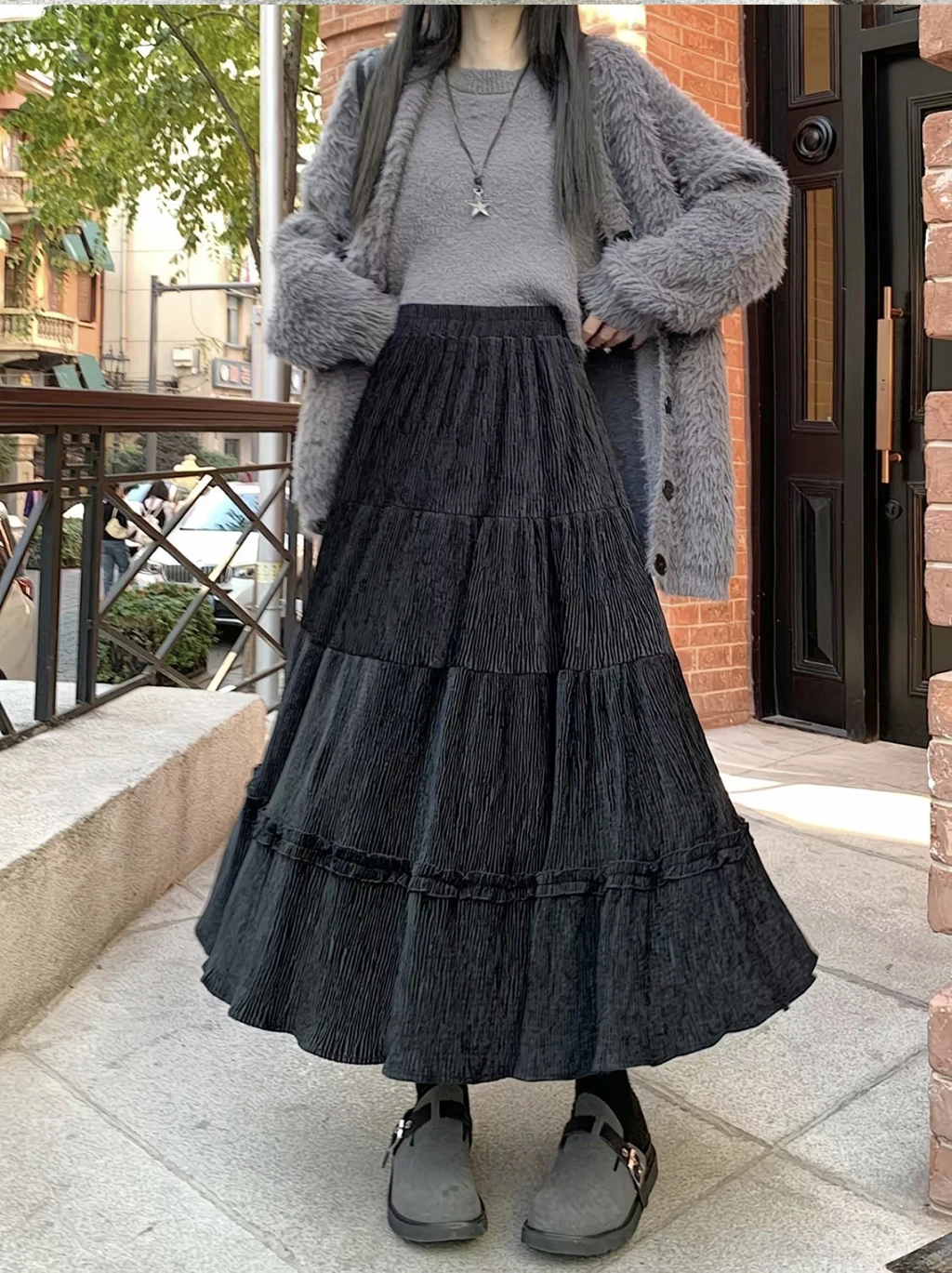 Vestido en capas para mujer para otoño e invierno, vestido retro de pana de longitud media con pastel, vestido suelto de cintura alta