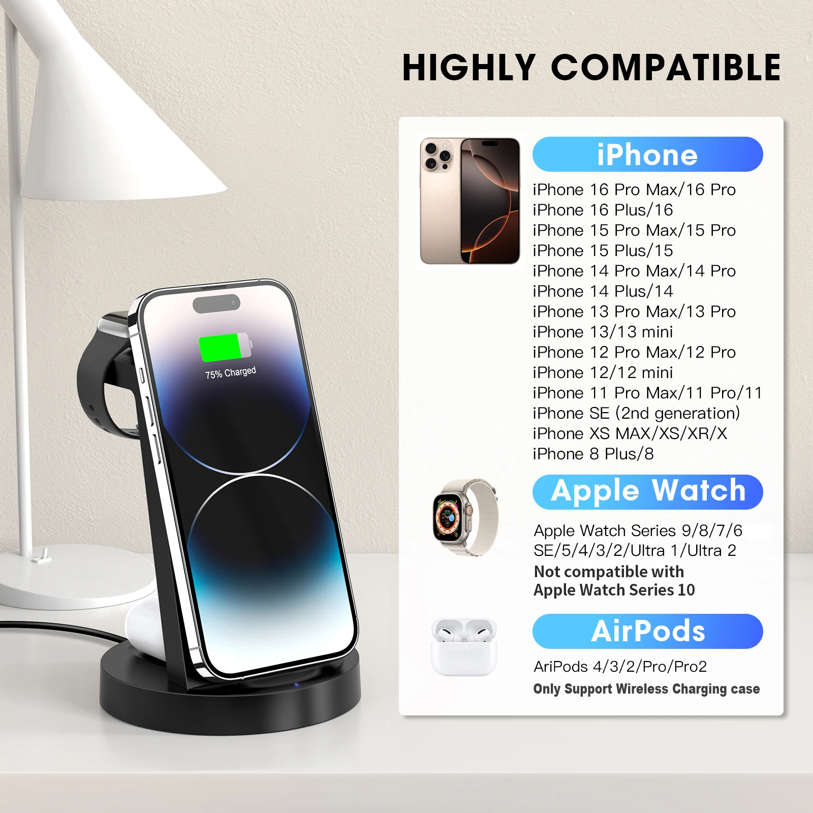 محطة شحن 3 في 1 لهاتف iPhone، محطة شحن لاسلكية لهاتف iPhone 15 14 13 12 11 X Pro Max وApple Watch وAirPods