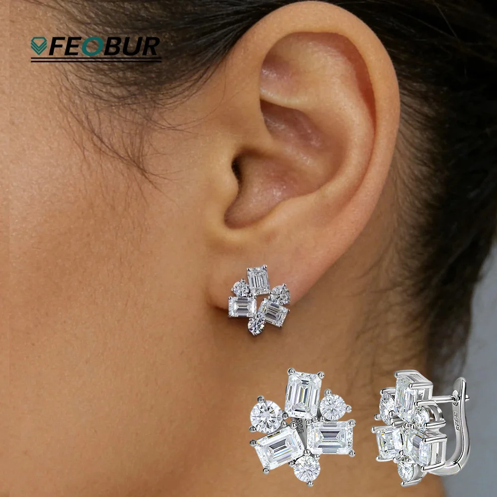 

8.2cttw Baguette and Round Moissanite Stud Earrings for Women 925 Sterling Silver Cluster Ear Buckles Wedding Fine Jewelry Gift