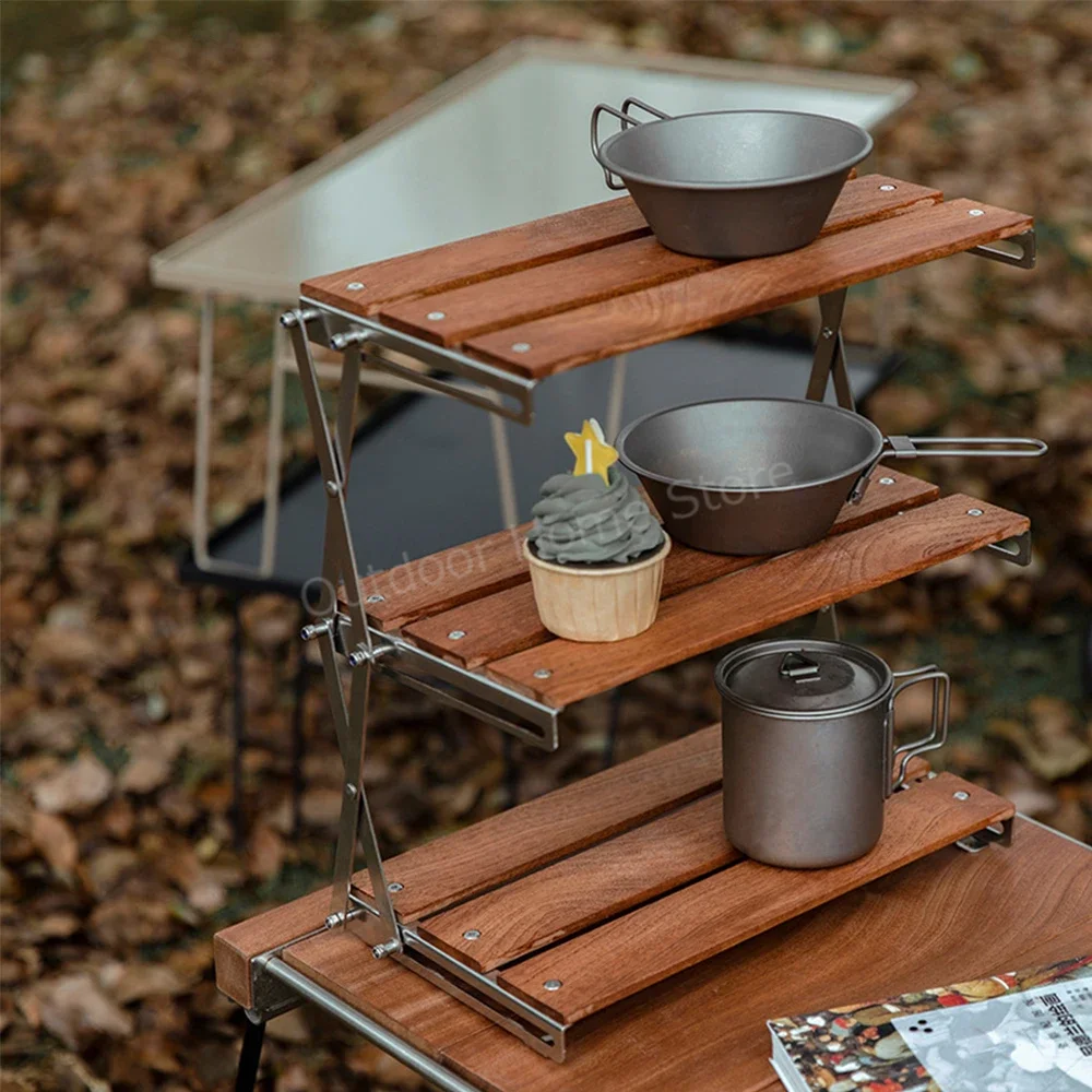 

Outdoor Camping Rack Table 3-stage Portable Folding Table Multi-layer Storage Rack Multifunctional Foldable Picnic Wood Shelf