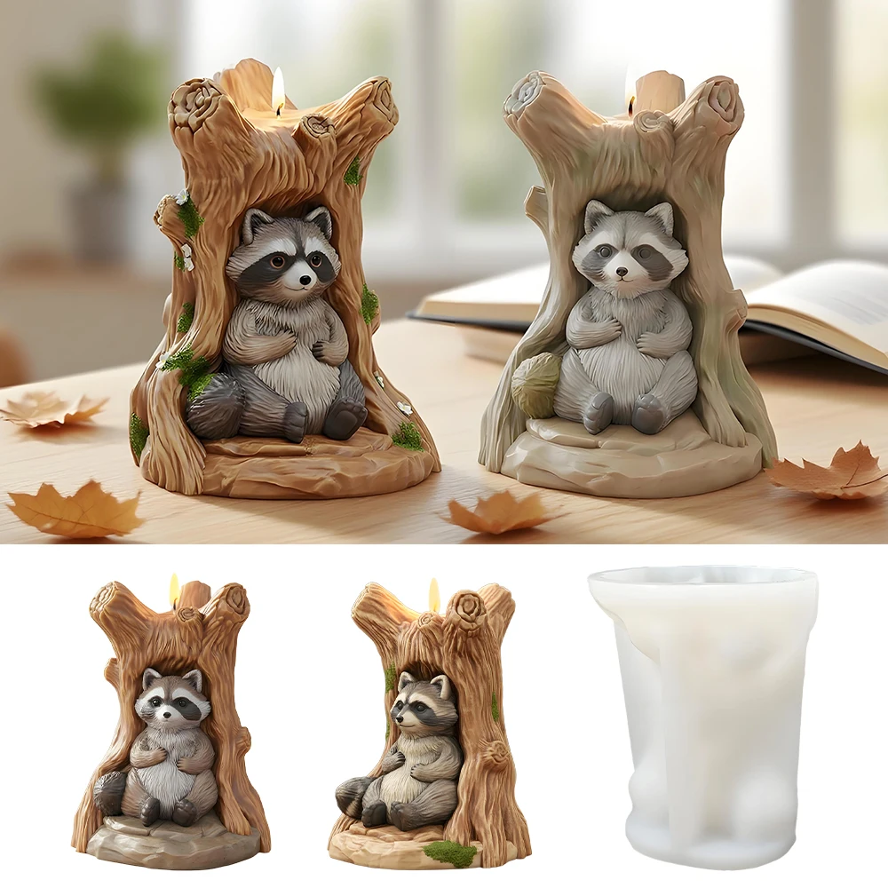 LZ119 New Styles Raccoon Stump Aromatherapy Candle Molds Handmade 3D Animal Plaster Resin Silicone Mold For Craft Decoration
