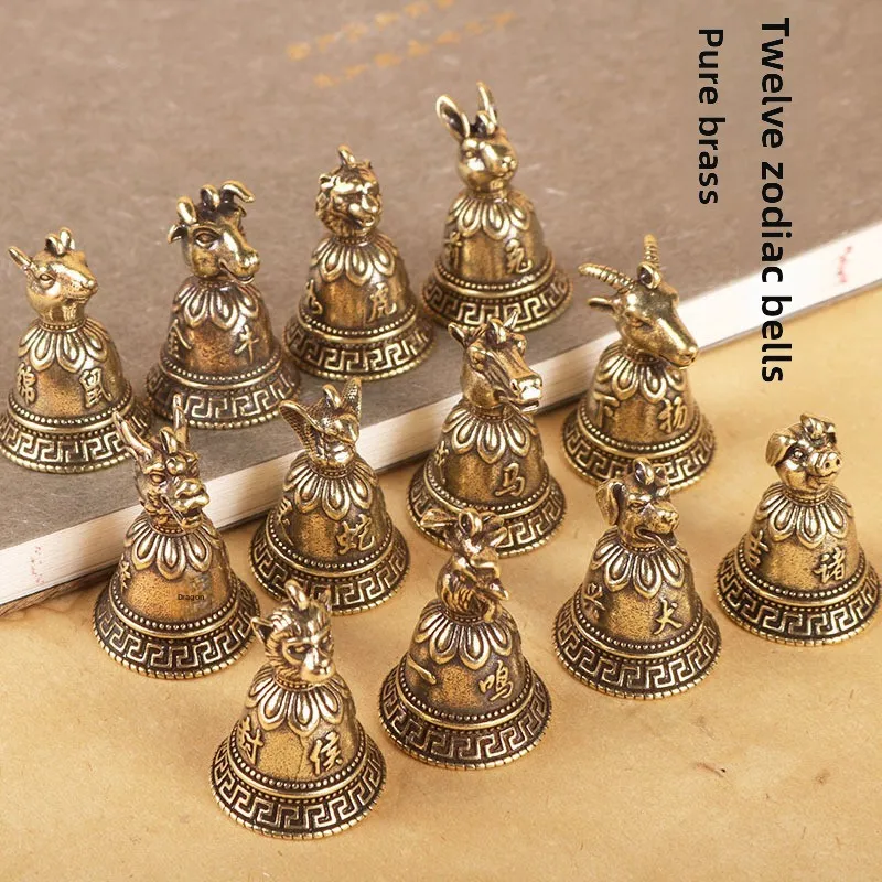 Brass Chinese 12 Zodiac Animals Heads Bell Keychain Pendants Jewelry Vintage Copper Feng Shui Car Key Chain Hanging Keyring Gift
