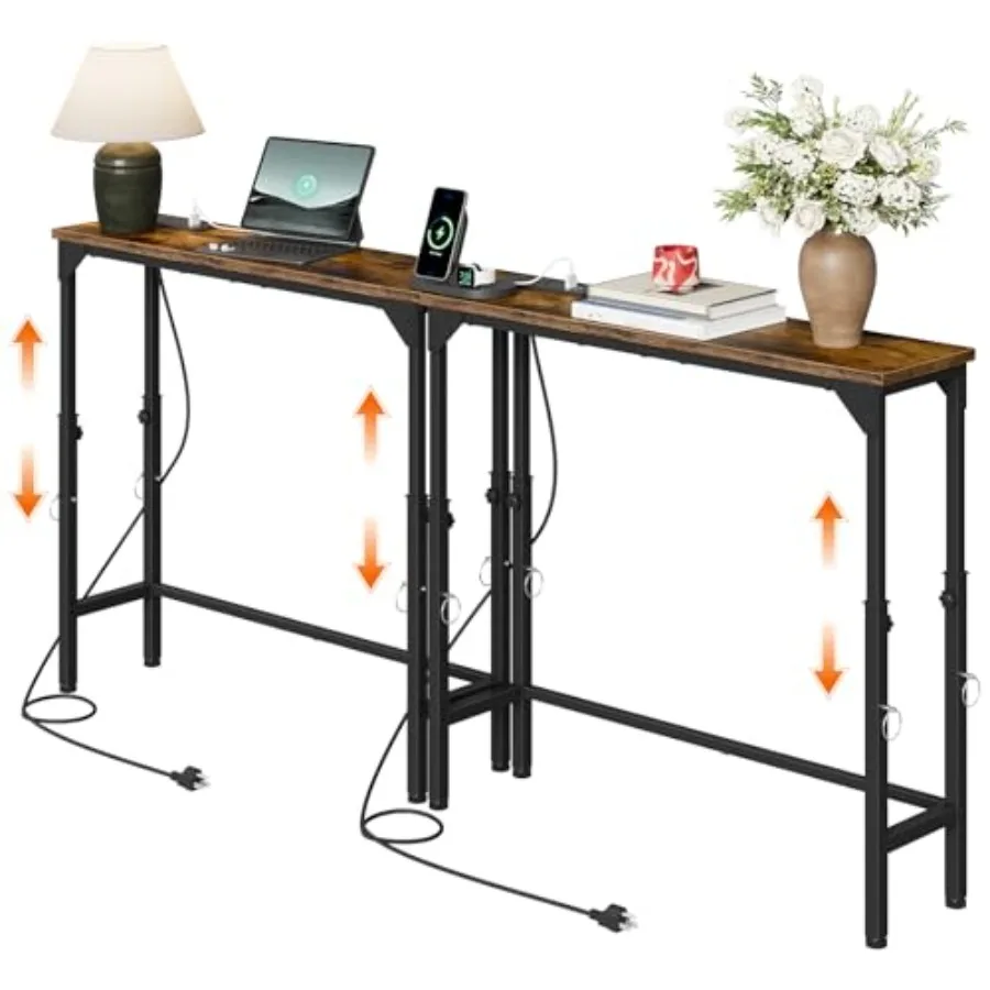 

Narrow Console Table with Adjustable Height 21.1"-29.9" Set of 2 Behind Couch Table Entryway Table with Power Outlet Sofa Table