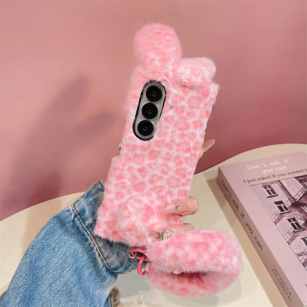Y2K Leopard Fuzzy Bunny Ear Pom Pom Tail Phone Case for Z Flip 8-3 Bow Wrist Strap Protective Cover for Samsung Galaxy Z Fold 8