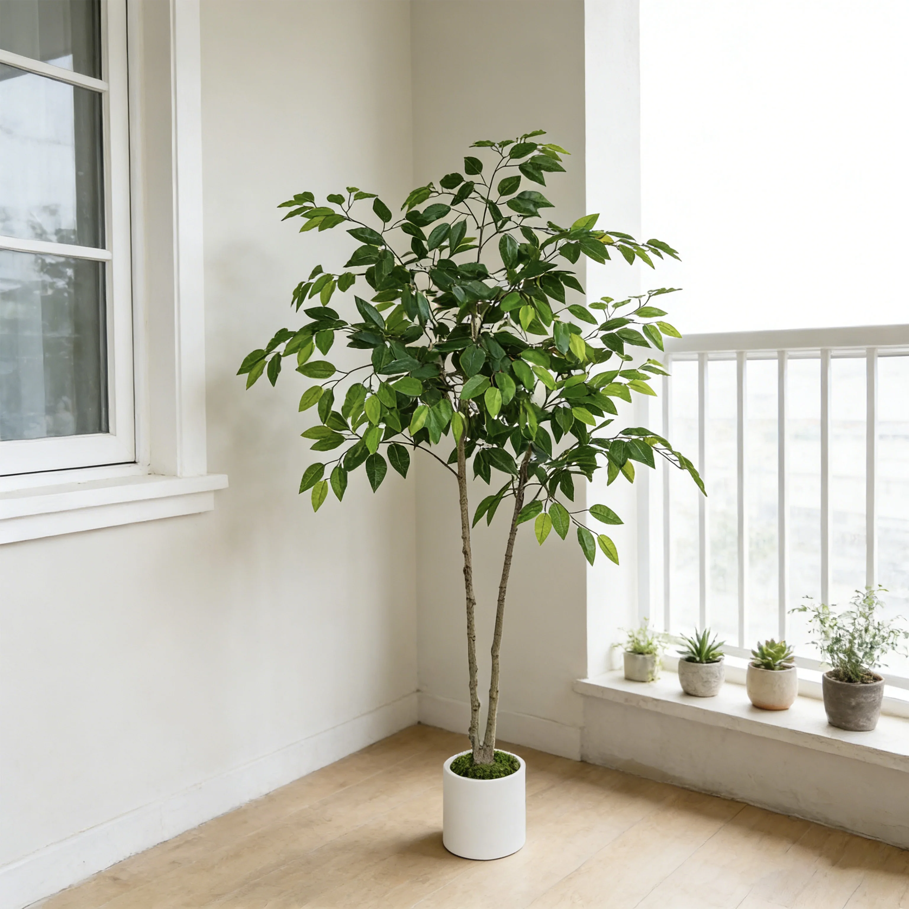 

1.4m-2.1m Double Trunk Artificial Ficus Tree Realistic Fake Green Ficus Plant Faux Silk Tree for Home Office Hotel Indoor Decor