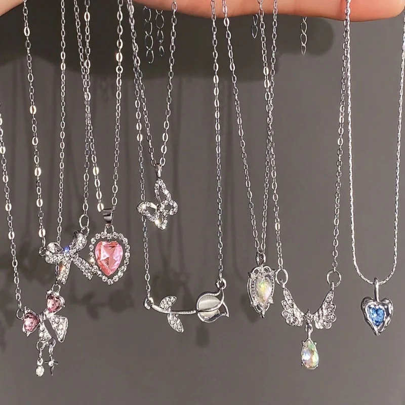 7PcsY2K necklace set pink and blue heart-shaped bow, rose wing imitation rhinestone pendant, silver chain stacked women's neckla