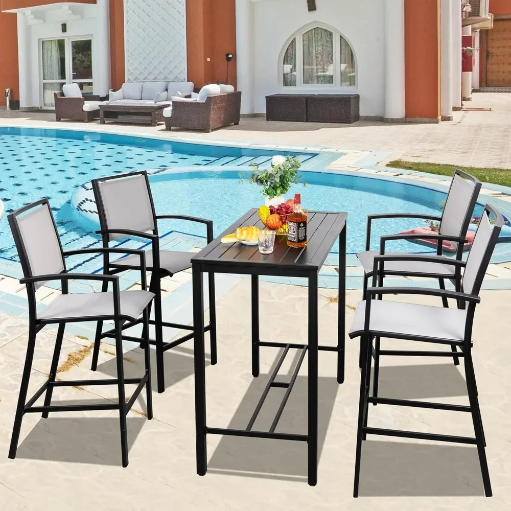 5 Piece Patio Bar Set, Metal Dining Table Set High Bar Stools Chair of 4 and High Bar Table, Outdoor Top Bistro Set