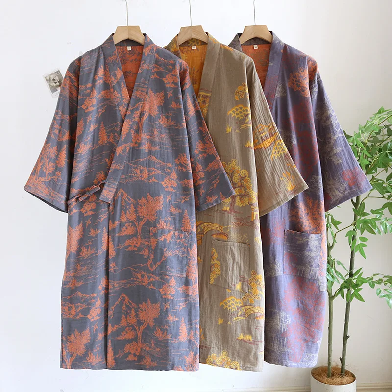 

Red Yellow Printed Robe for Men Cotton Kimono Men Top Quality Bathrobe for Spring Autumn 100% Cotton Long Style Men Kimono Robe