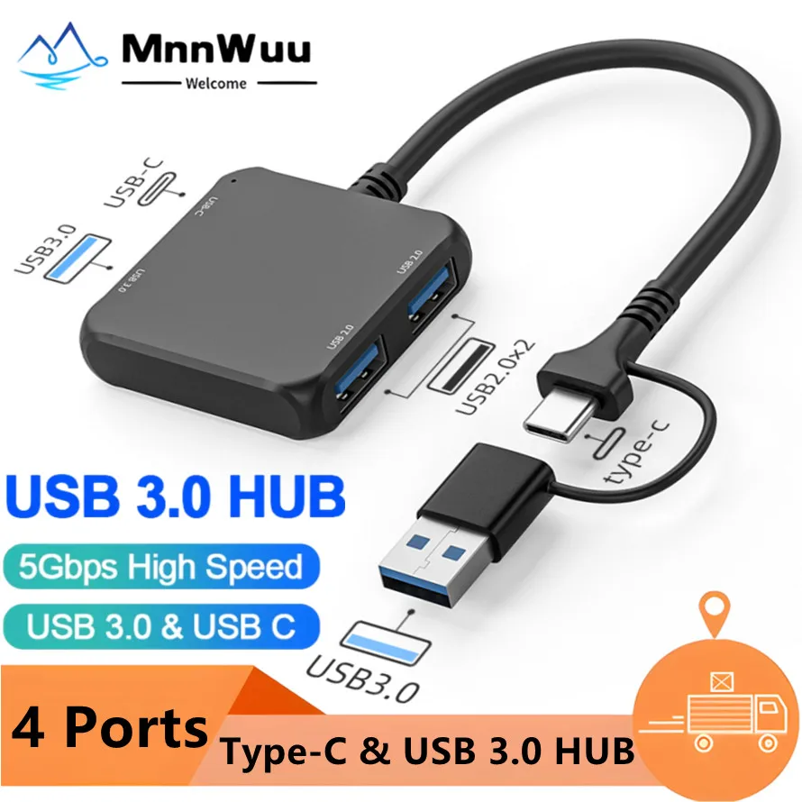 

4 Ports USB 3.0 Hub Type-C & USB Expander USB-A + USB-C Splitter for Laptop Desktop PC Mouse Keyboard Flash Drive U Disk Printer