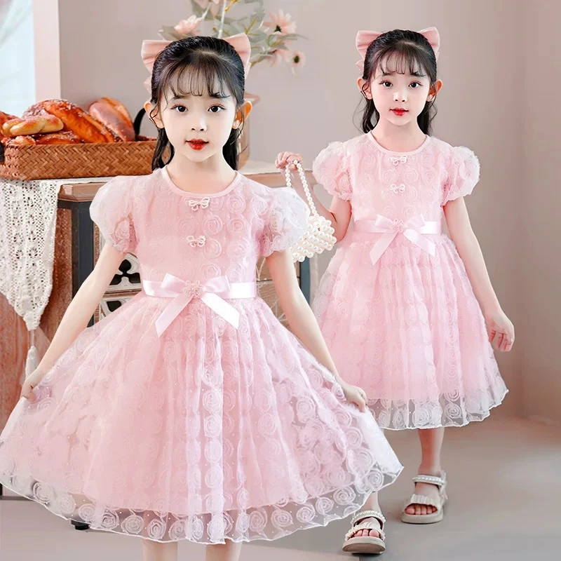 Novo Vestido de Princesa Rosa com Renda para Meninas 2026, Vestido Tutu de Verão com Manga Bufante e Laço, Vestidos Infantis para Festa de Aniversário