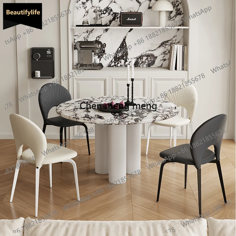C85 Upscale Round Marble Table Set - French Round Marble Table with Cream Chairs,Inspired Modern Aesthetic for Modern Apart