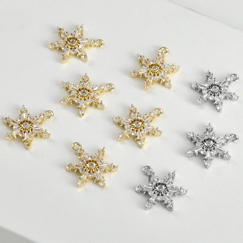 Copper-plated 14k Gold Color Full Diamond Snowflake Pendant DIY Handmade Earrings Bracelet Necklace Accessories Material
