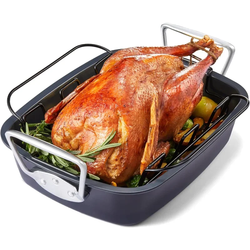 

Extra-Large Turkey Roasting Pan with Rack U-Shaped 18.7×13.6 Non-Stick Pan 25-Pound Turkey Tray Oven 0.8mm Heavy-Duty Steel