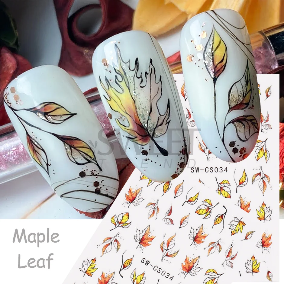 3D Fall Trends Nail Stickers Maple Black Orange Leaves Autumn 2022 Adhesive Decals Slider for Nails Manicure Decoration JISW-CS