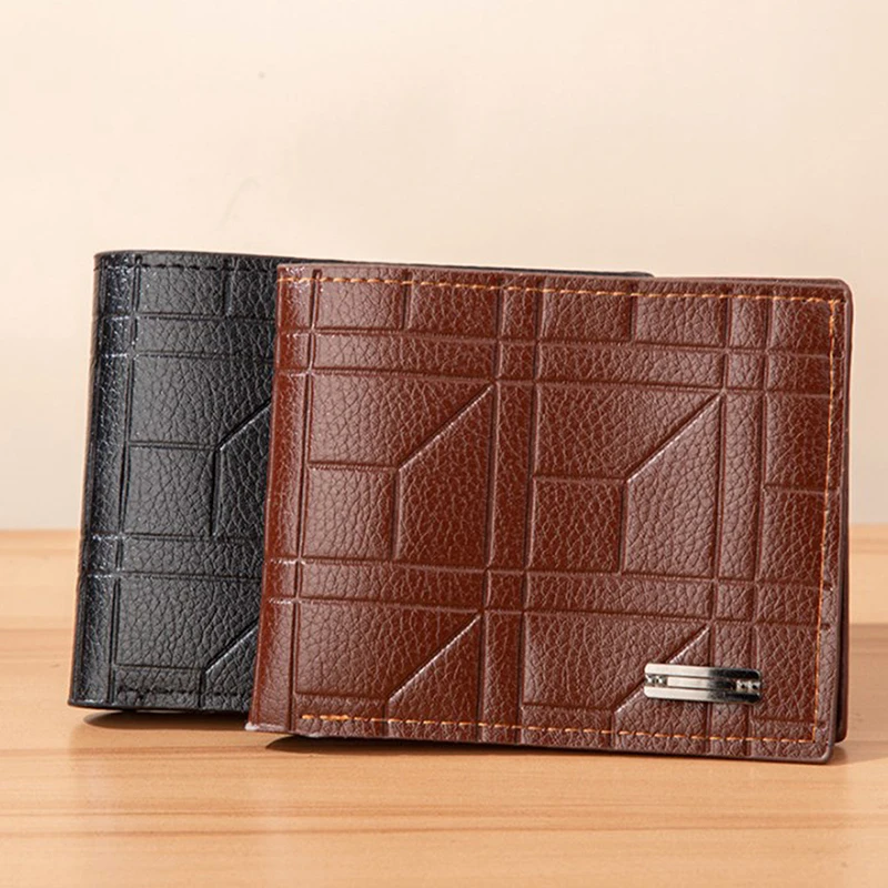 PU Leather Men Wallets Portable Square Shape Geometric Pattern Coin Pocket Card Holder Short Style Purse