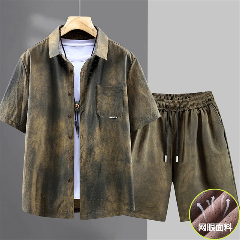 Summer Sets Men Breathable Tie-dye Shirts Shorts Plus Size 11XL Suits Male Fashion Casual Quick Drying Sets Big Size 11XL