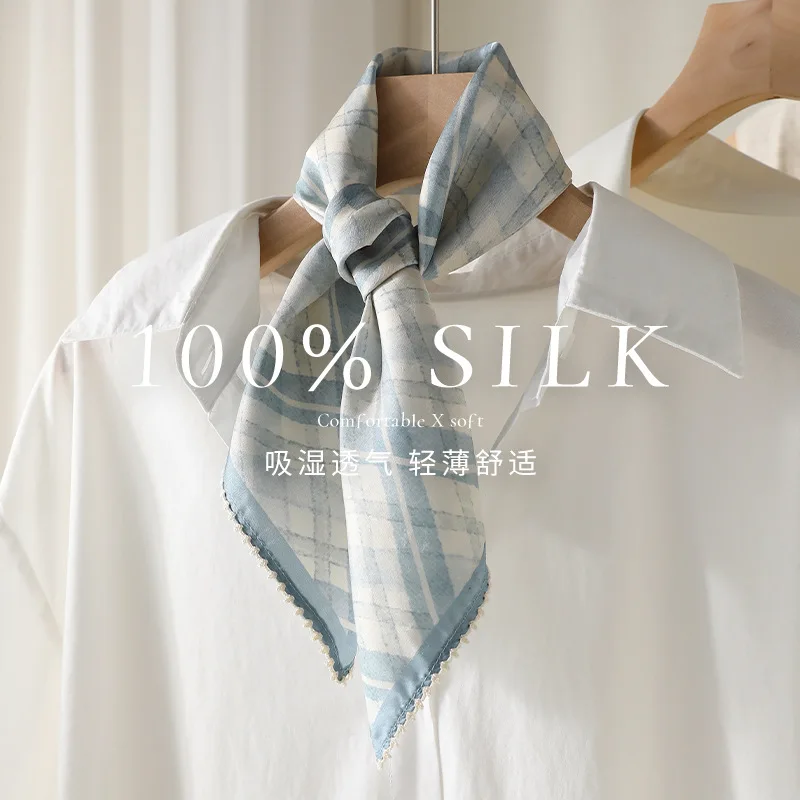 

16 momme 100% Real Silk Hair Scarf Fashion plaid Kerchief Foulard Female Bandana Scarves for Women Hair Band Hijab Shawl Wraps