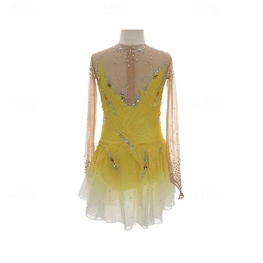 فستان التزلج على الجليد للفتيات باللون الأصفر المرقعة بفتحة إبهام شبكية من الألياف اللدنة القابلة للتمدد للتدريب على التزلج الاحترافي