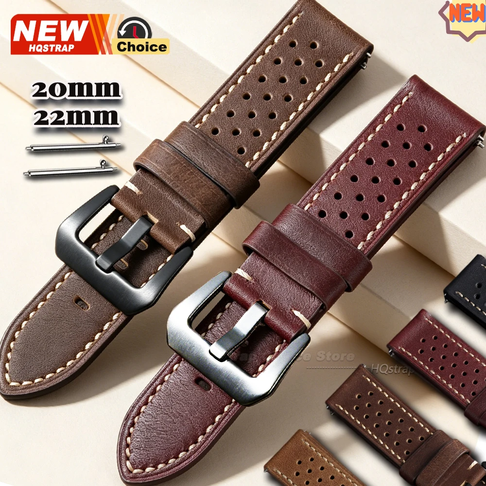 Porous Breathable Retro Strap 20mm 22mm Smartwatch Leather Waterproof Band for Samsung for Omega Women Men Wristband for Seiko