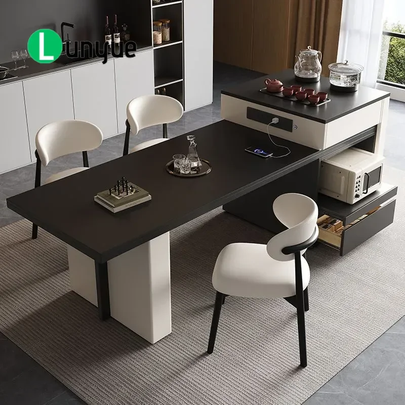 Light Luxury Italian Sintered Stone Island Dining Table with Chairs Retractable Middle Guide Platform for Small Apartment