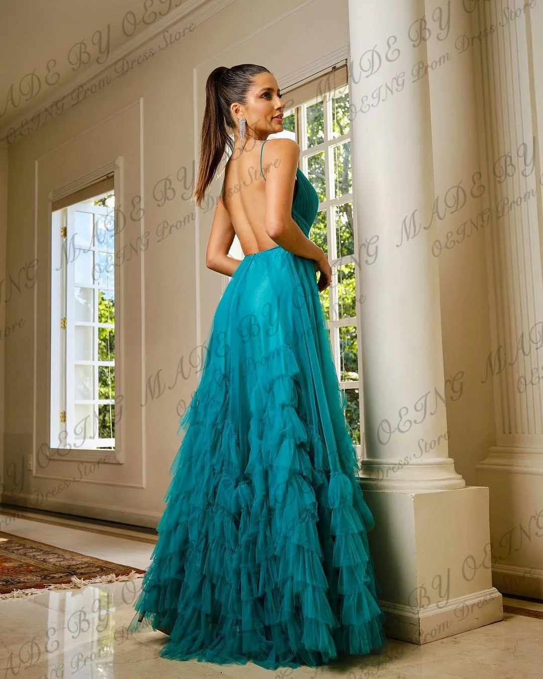 OEING Sexy Prom Dresses Simple Deep V Neck Backless Evening Dress Elegant Tulle Tiered Wedding Party Gowns Vestidos De Noche