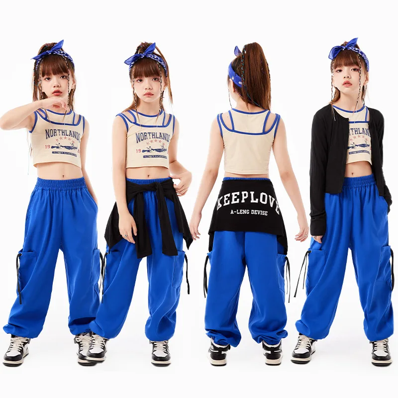 Sommer Hip Hop Mädchen tanzen Kleidung Jazz Kostüm Nabel Tops blaue Jogging hose üben Kleidung Street Dance Performance Anzug