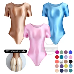 New Sexy Silky glossy High fork One-piece swimsuit short sleeve Tights Oily Rompers Bodysuit Crew neck top with T-back bottoming